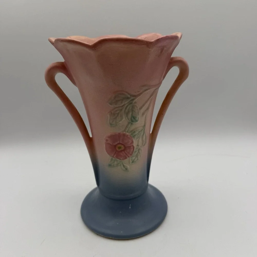 Vintage Hull‎ Pottery Dogwood Vase 503 8 1/2'' Tall Blue Pink Flowers Floral USA